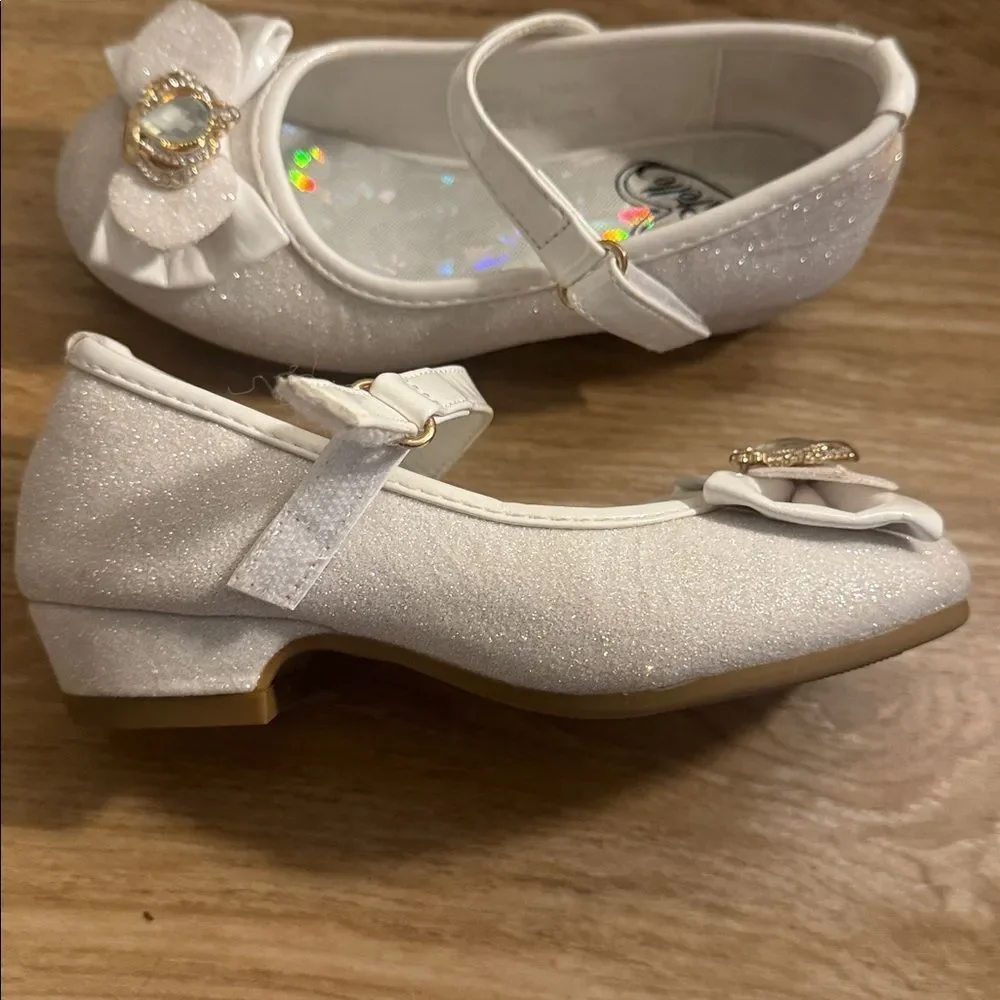 Stelle Flower Girl White Glittery Princess Crown Mary Jane Dress Shoes Size 10
